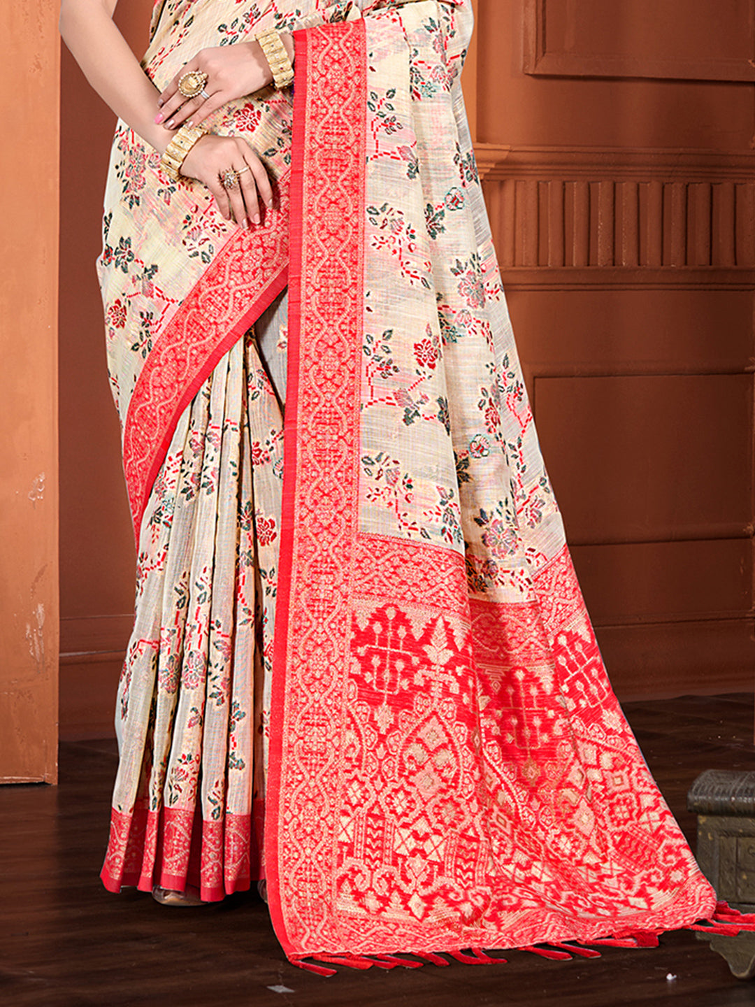 Sangam Prints Beige Cotton Silk With Meena Woven Work Traditional Saree