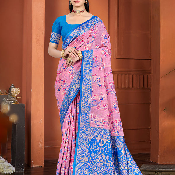 Sangam Prints Pink Cotton Silk With Meena Woven Work Traditional Saree