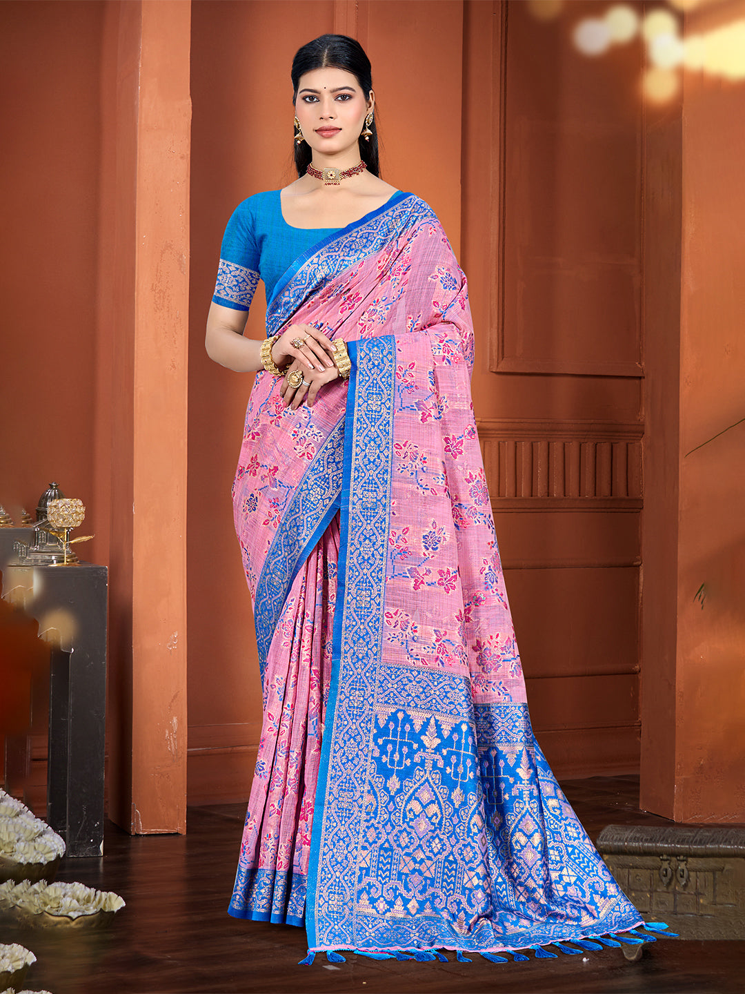 Sangam Prints Pink Cotton Silk With Meena Woven Work Traditional Saree