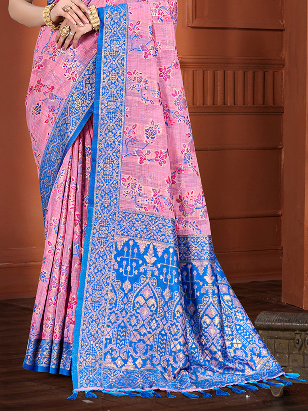 Sangam Prints Pink Cotton Silk With Meena Woven Work Traditional Saree