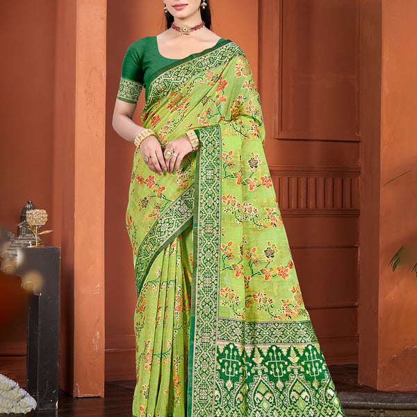 Sangam Prints Green Cotton Silk With Meena Woven Work Traditional Saree