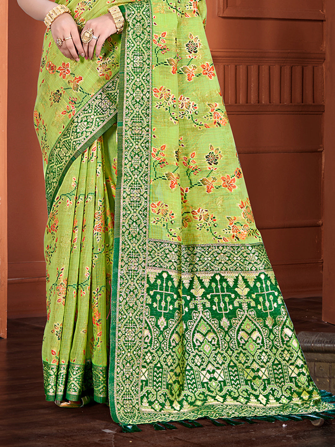 Sangam Prints Green Cotton Silk With Meena Woven Work Traditional Saree