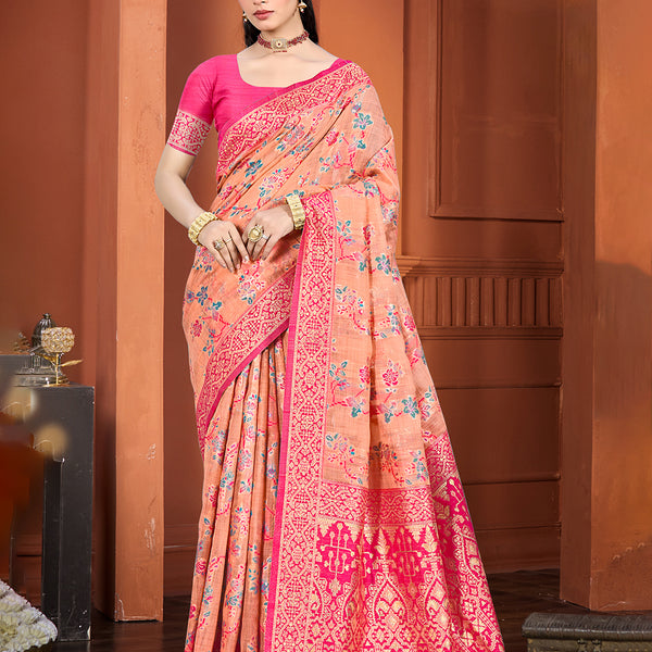 Sangam Prints Peach Cotton Silk With Meena Woven Work Traditional Saree