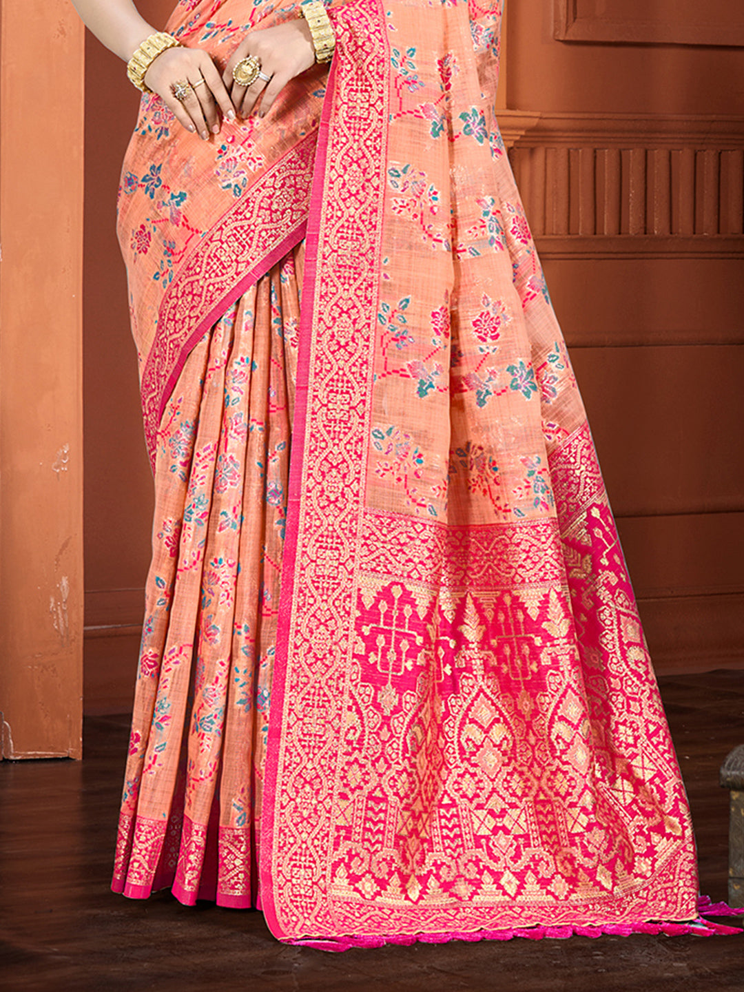 Sangam Prints Peach Cotton Silk With Meena Woven Work Traditional Saree
