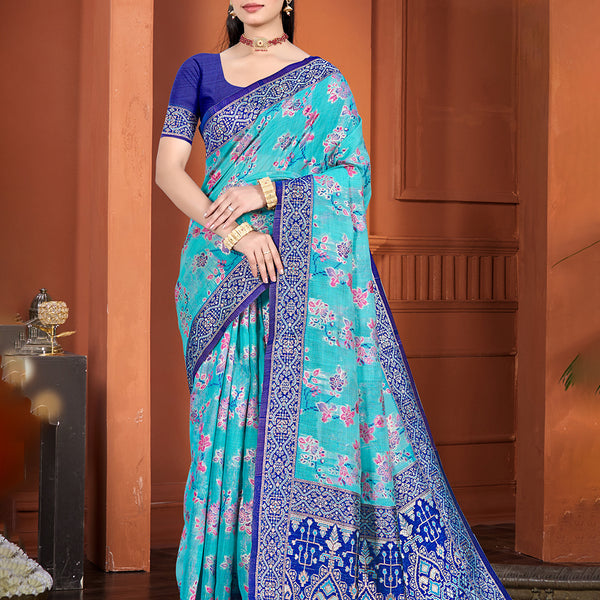 Sangam Prints Blue  Cotton Silk With Meena Woven Work Traditional Saree