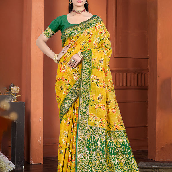 Sangam Prints Yellow Cotton Silk With Meena Woven Work Traditional Saree
