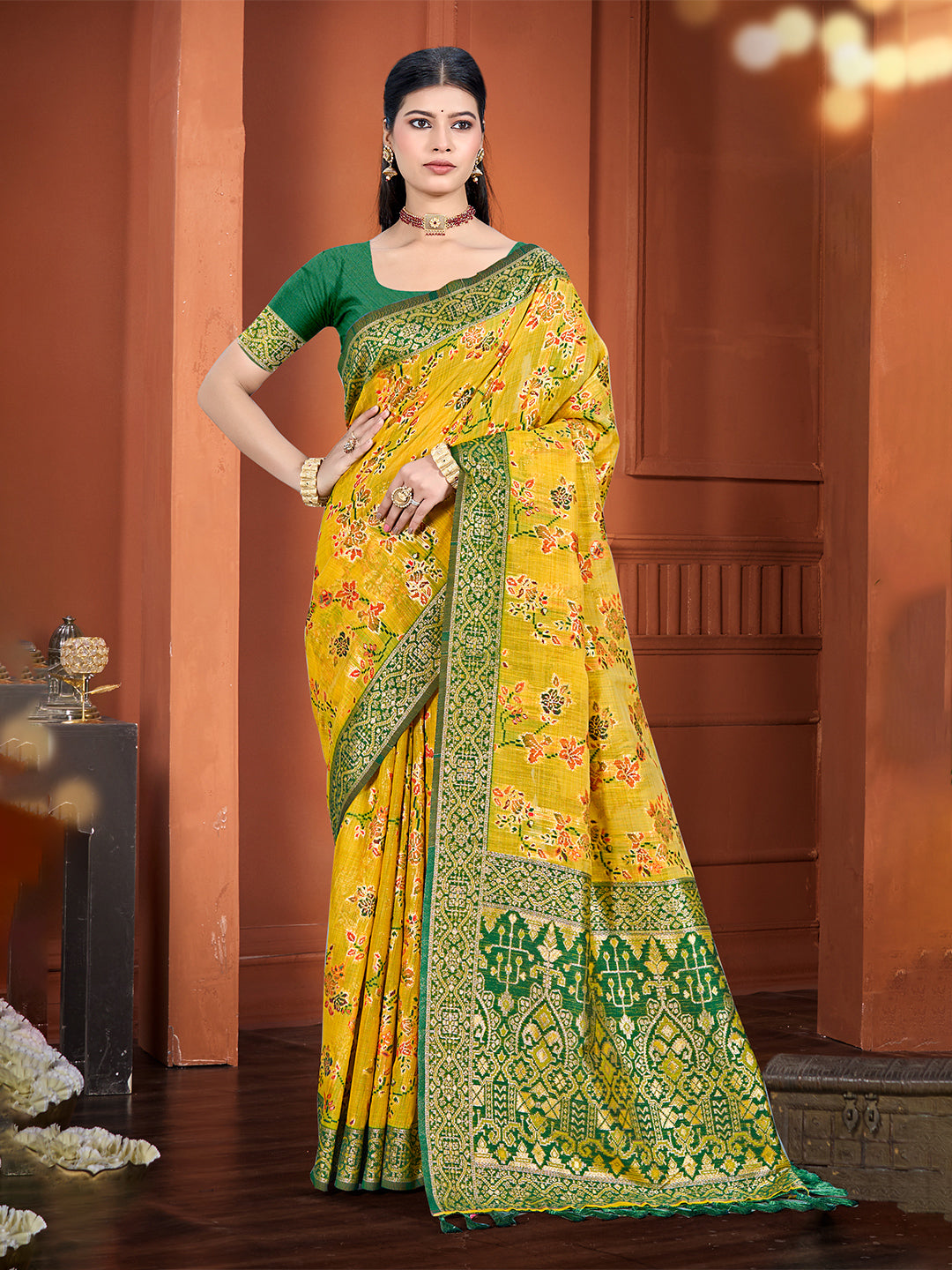 Sangam Prints Yellow Cotton Silk With Meena Woven Work Traditional Saree