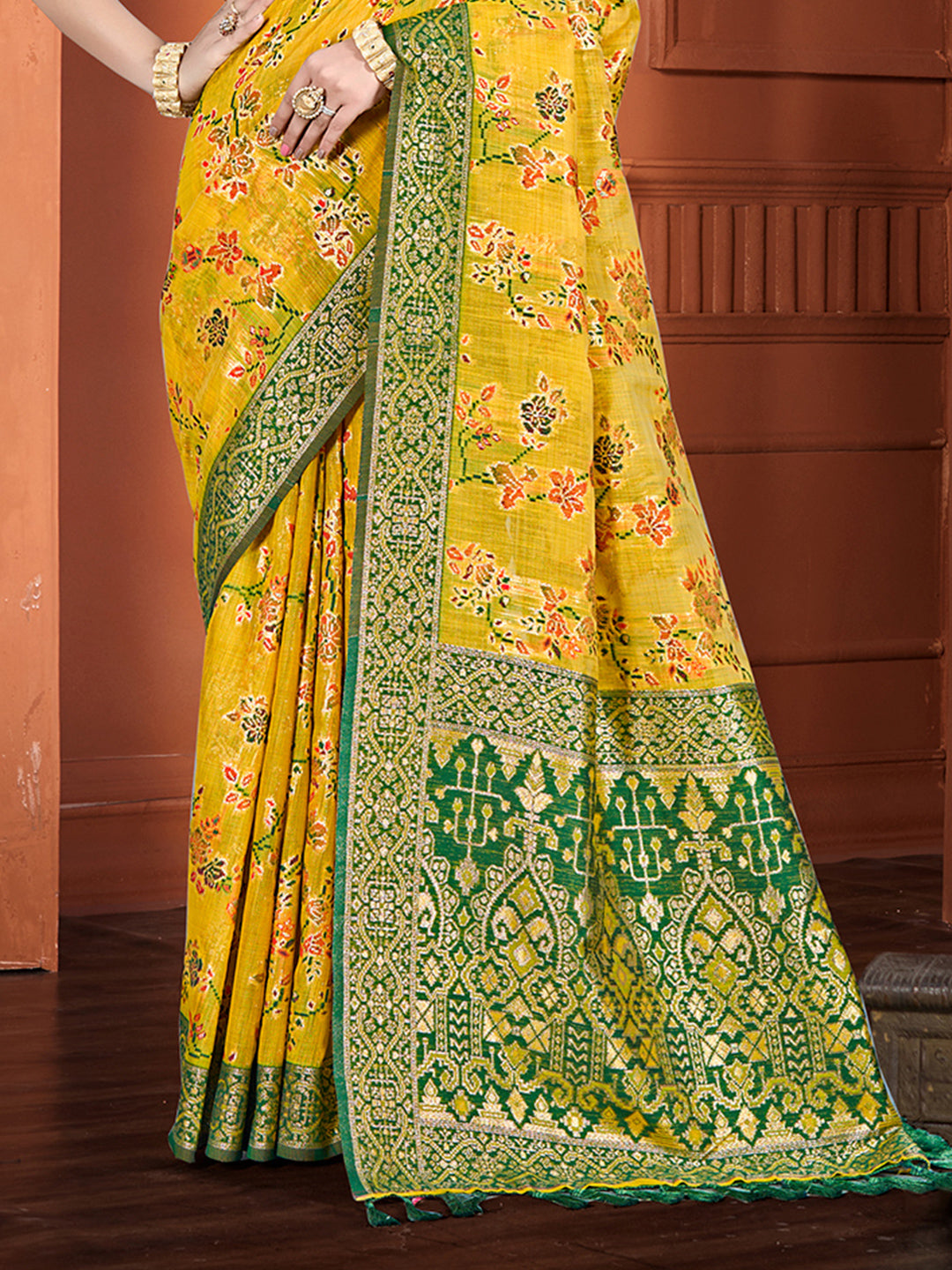 Sangam Prints Yellow Cotton Silk With Meena Woven Work Traditional Saree