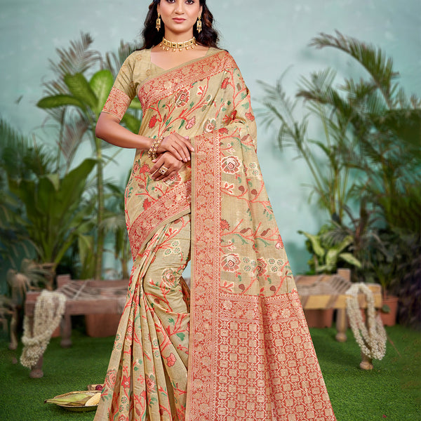 Sangam Prints Beige Cotton Silk With Meena Woven Work Traditional Saree