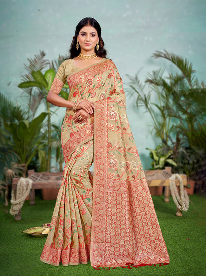 Sangam Prints Beige Cotton Silk With Meena Woven Work Traditional Saree - Distacart