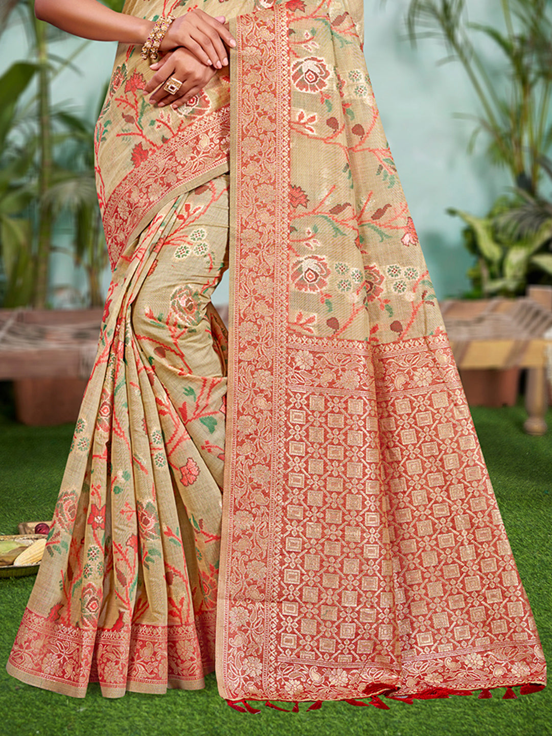 Sangam Prints Beige Cotton Silk With Meena Woven Work Traditional Saree