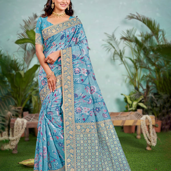 Sangam Prints Sky Blue  Cotton Silk With Meena Woven Work Traditional Saree