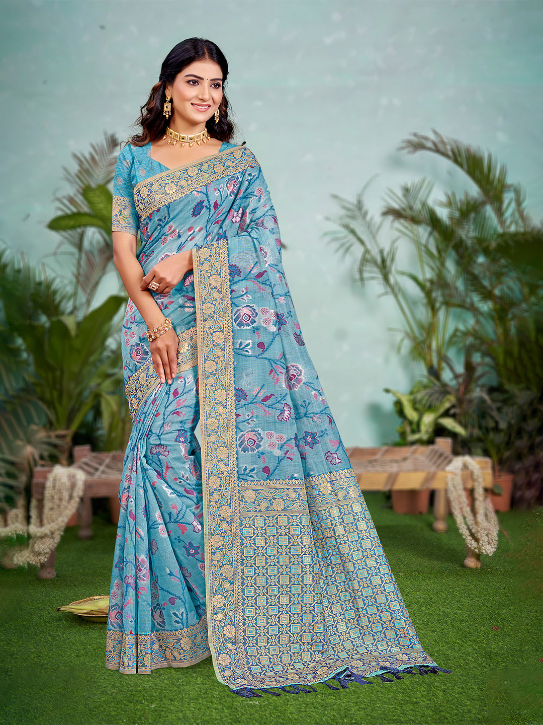 Sangam Prints Sky Blue  Cotton Silk With Meena Woven Work Traditional Saree - Distacart