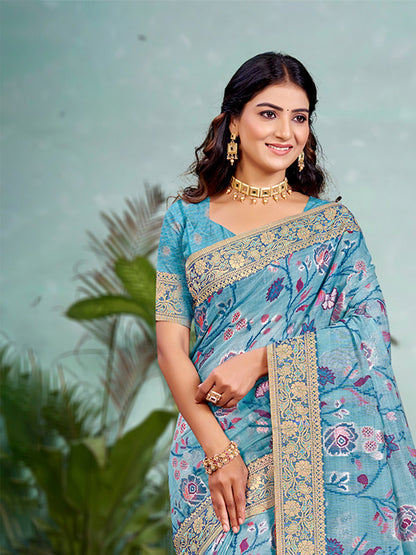 Sangam Prints Sky Blue  Cotton Silk With Meena Woven Work Traditional Saree - Distacart