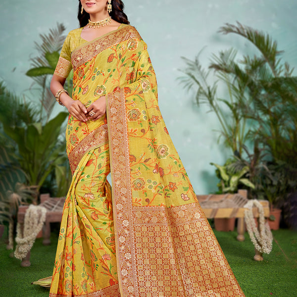 Sangam Prints Yellow Cotton Silk With Meena Woven Work Traditional Saree