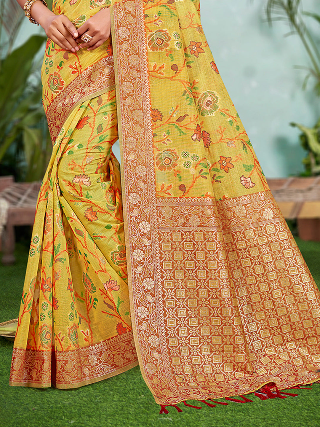 Sangam Prints Yellow Cotton Silk With Meena Woven Work Traditional Saree