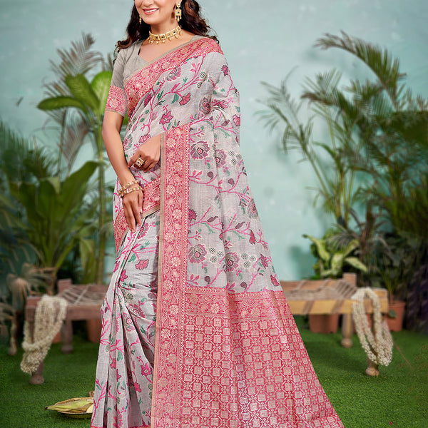 Sangam Prints Gray Cotton Silk With Meena Woven Work Traditional Saree