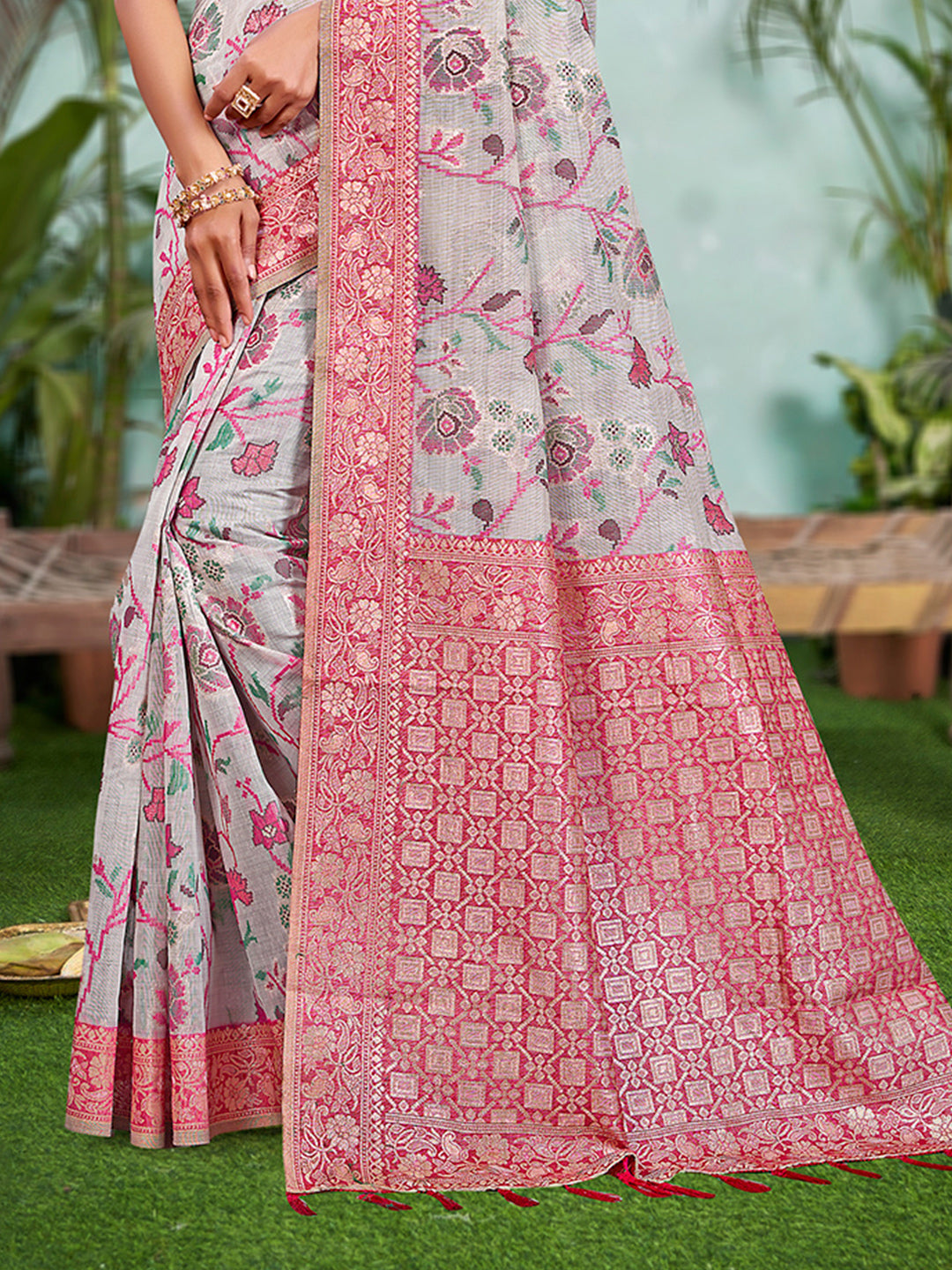 Sangam Prints Gray Cotton Silk With Meena Woven Work Traditional Saree