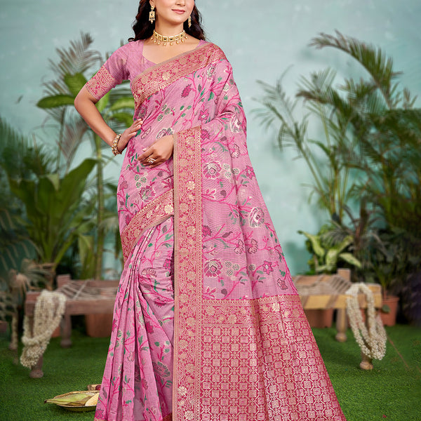 Sangam Prints Pink Cotton Silk With Meena Woven Work Traditional Saree