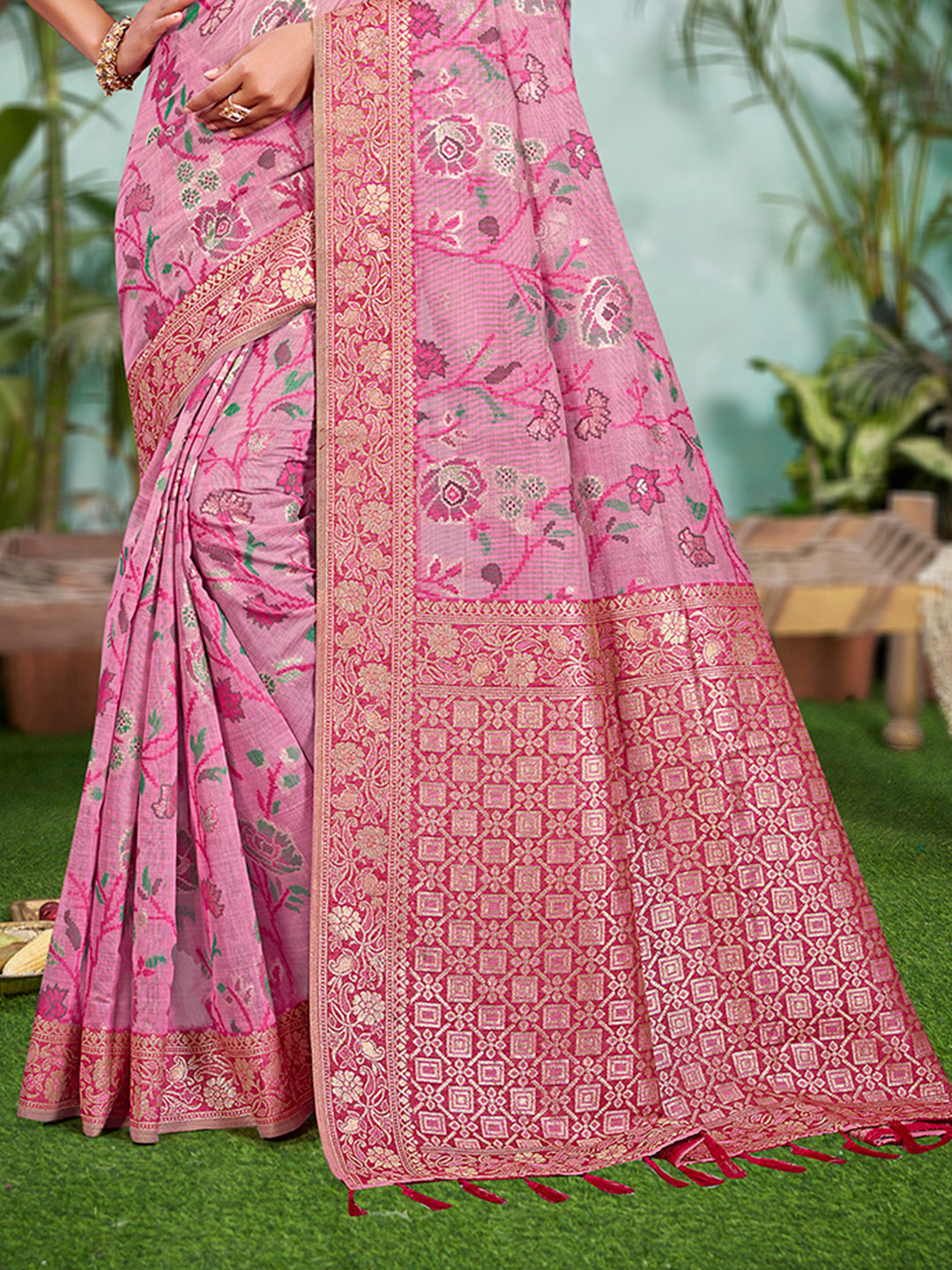 Sangam Prints Pink Cotton Silk With Meena Woven Work Traditional Saree