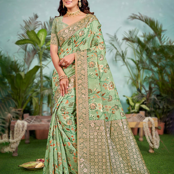 Sangam Prints Light Green Cotton Silk With Meena Woven Work Traditional Saree