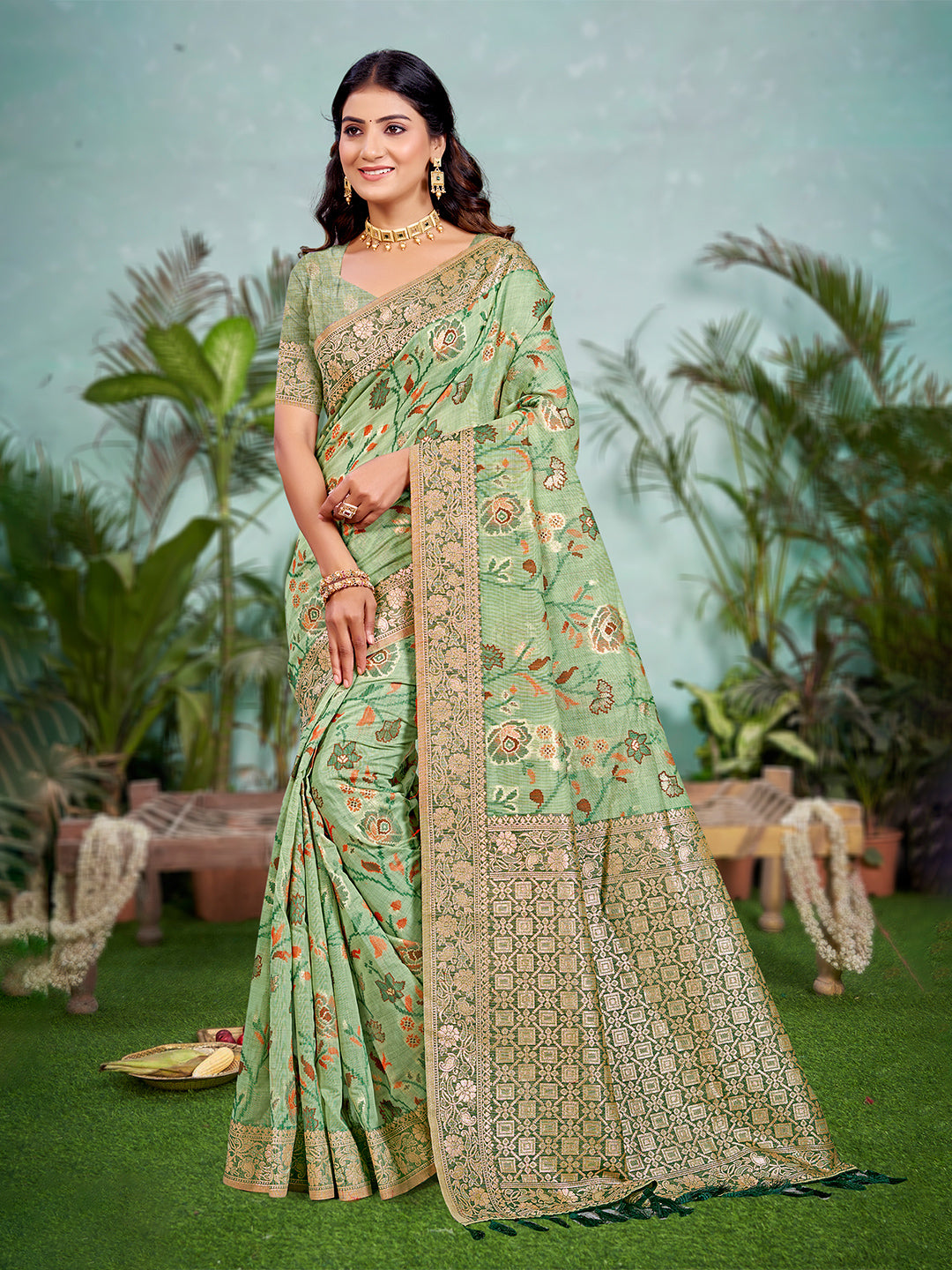 Sangam Prints Light Green Cotton Silk With Meena Woven Work Traditional Saree