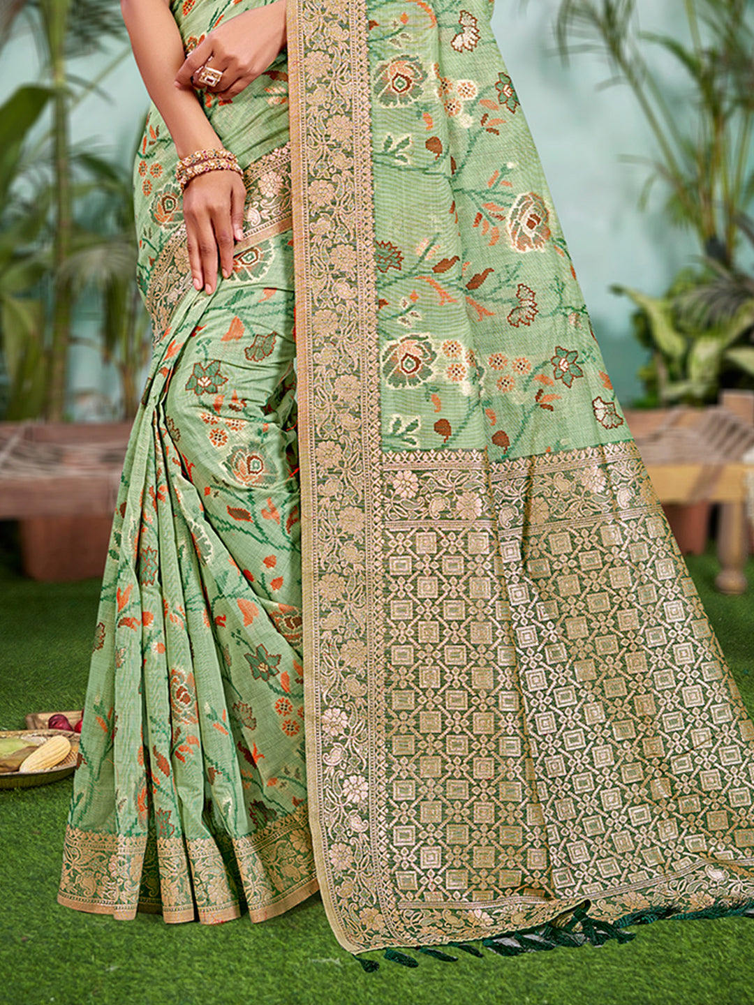 Sangam Prints Light Green Cotton Silk With Meena Woven Work Traditional Saree