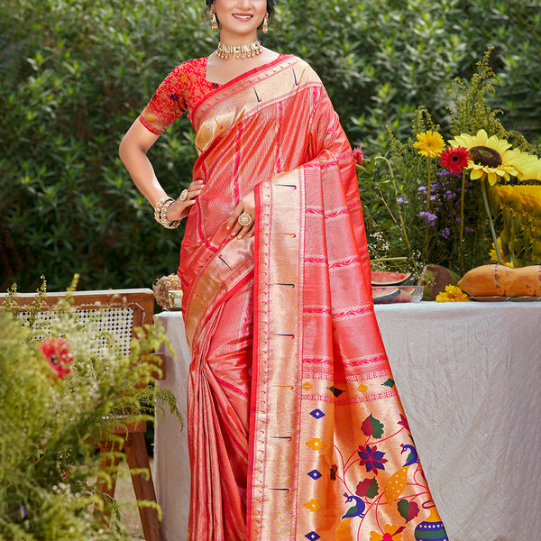 Sangam Prints Coral Pink Silk Woven Work Traditional Saree