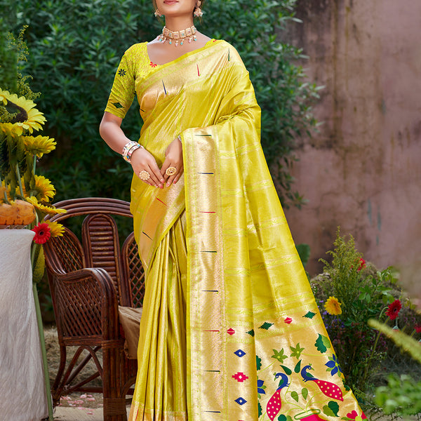 Sangam Prints Lemon Yellow Silk Woven Work Traditional Saree