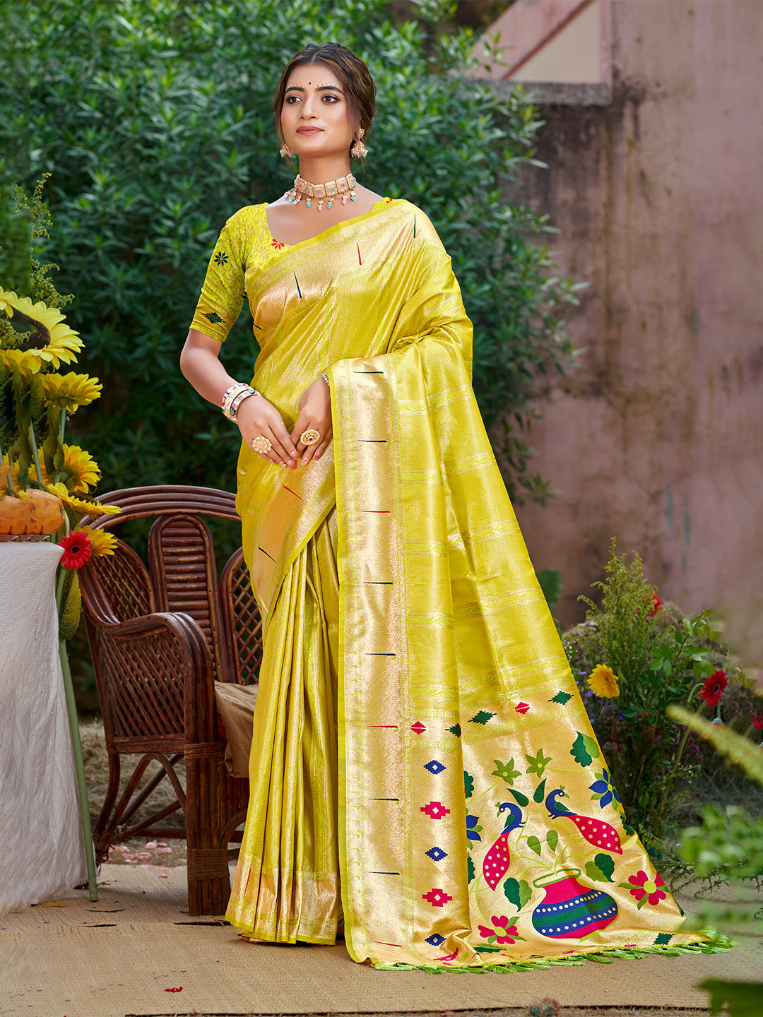 Sangam Prints Lemon Yellow Silk Woven Work Traditional Saree