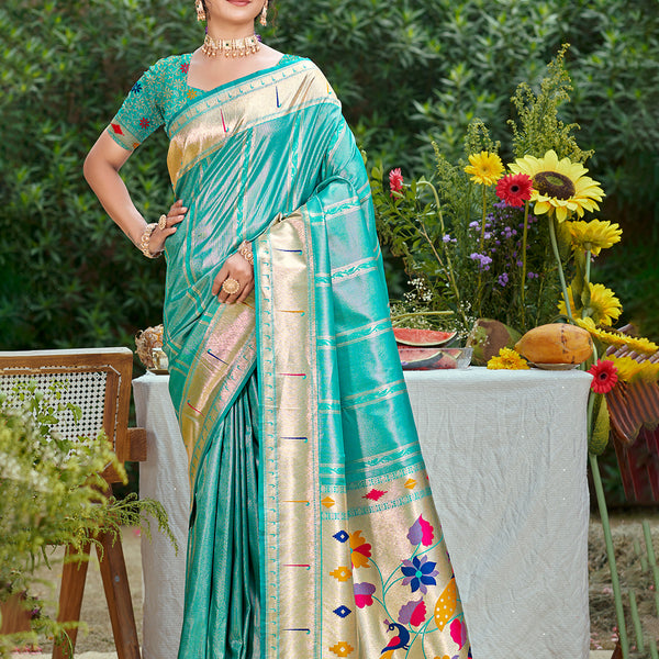 Sangam Prints Teal Blue Silk Woven Work Traditional Saree