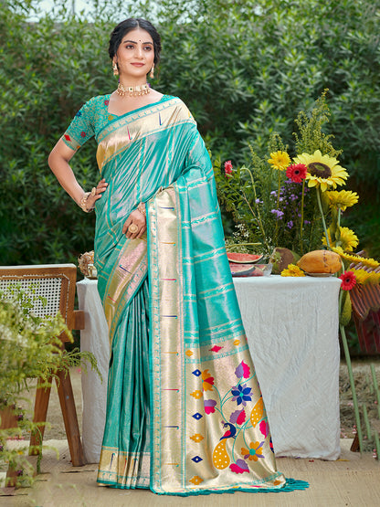 Sangam Prints Teal Blue Silk Woven Work Traditional Saree - Distacart