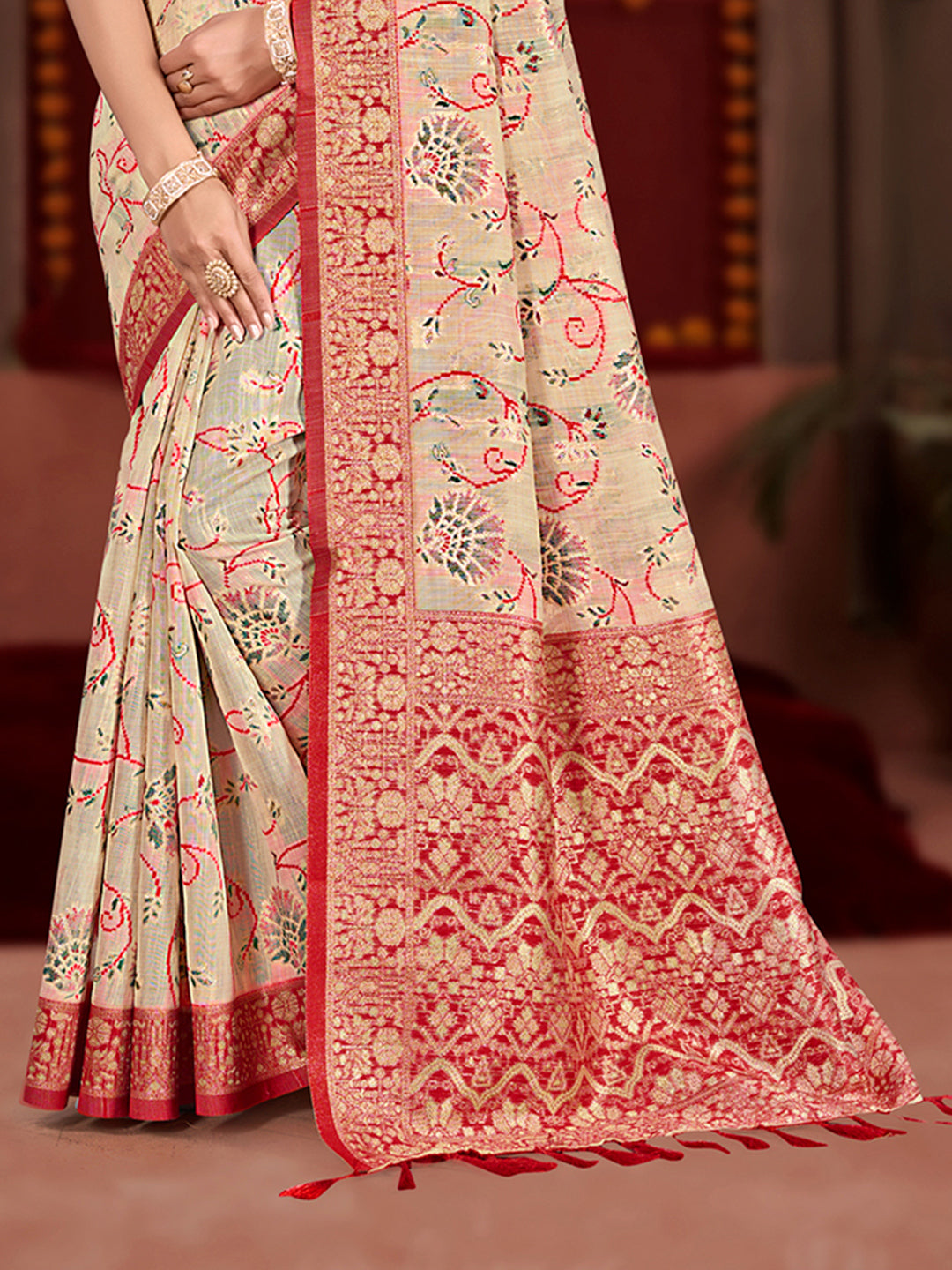 Sangam Prints Cream Cotton Silk With Meena Woven Work Traditional Saree