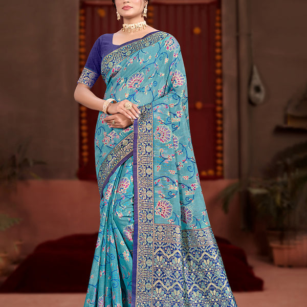 Sangam Prints Sky Blue Cotton Silk With Meena Woven Work Traditional Saree