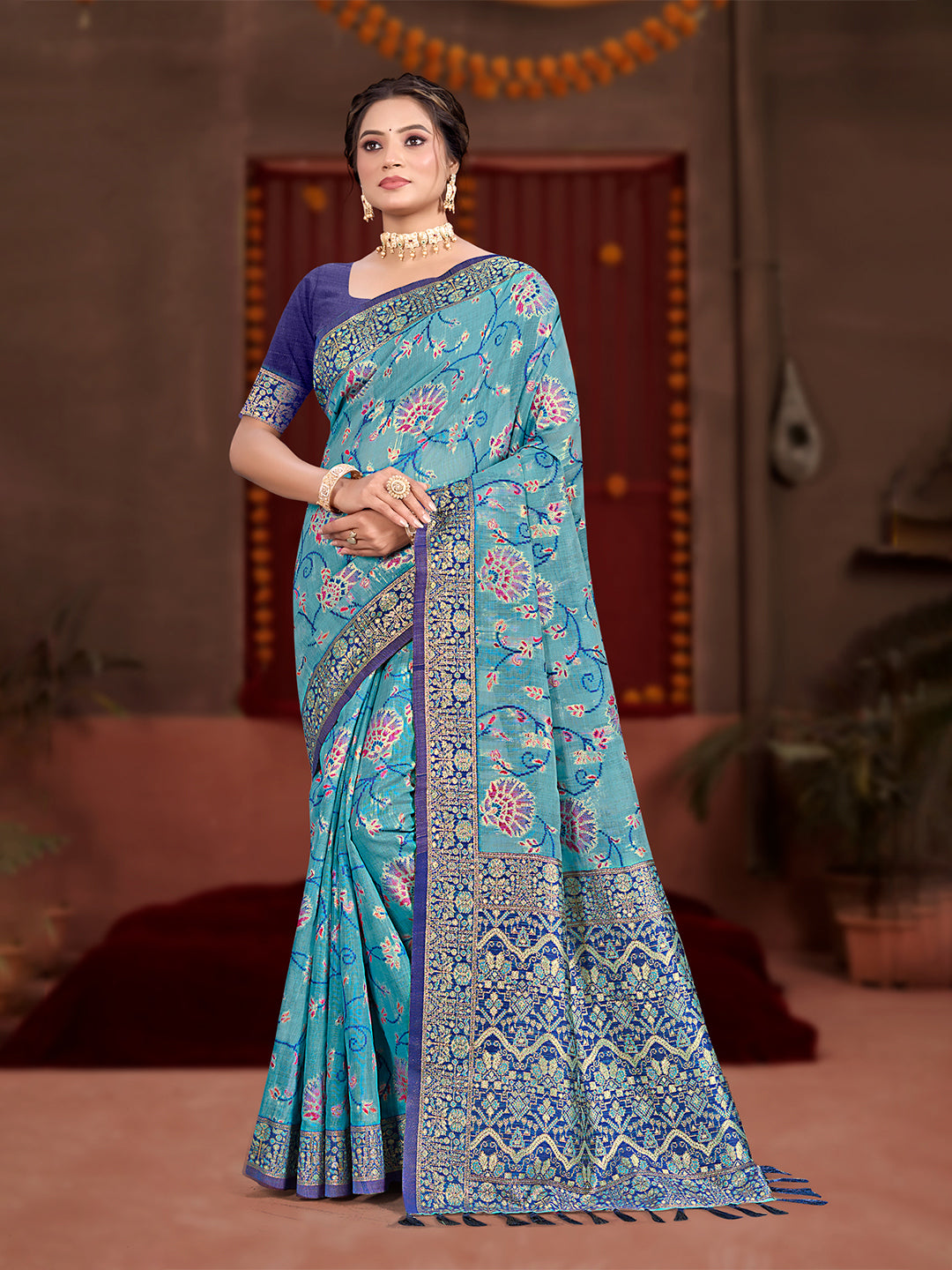 Sangam Prints Sky Blue Cotton Silk With Meena Woven Work Traditional Saree