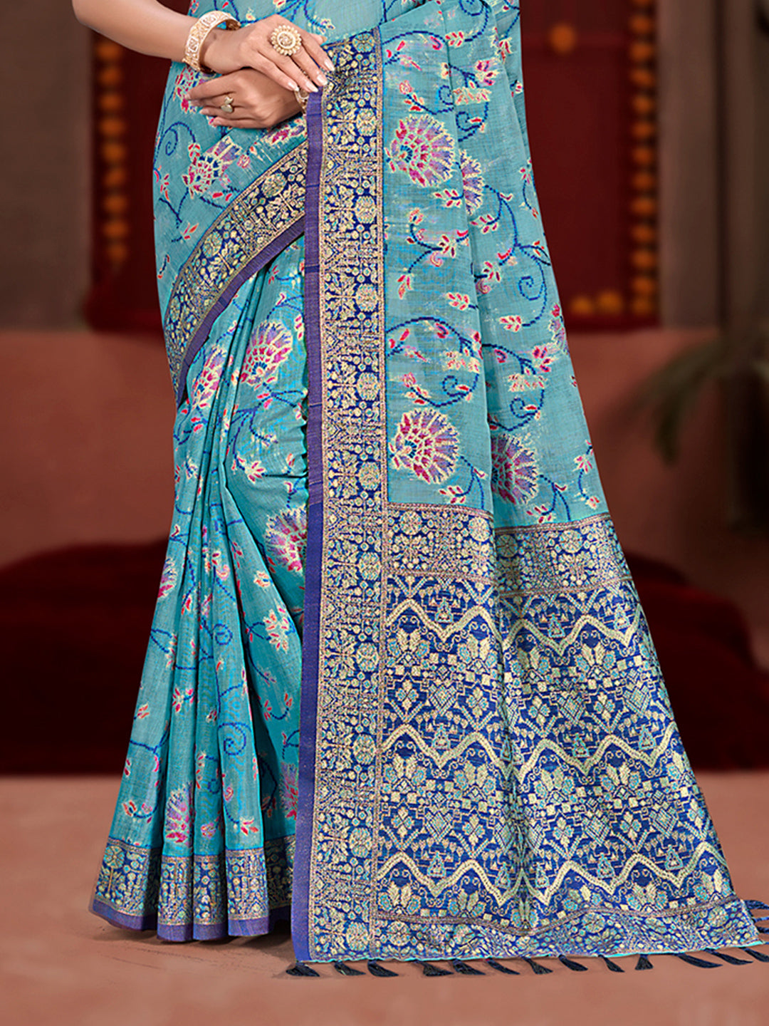 Sangam Prints Sky Blue Cotton Silk With Meena Woven Work Traditional Saree