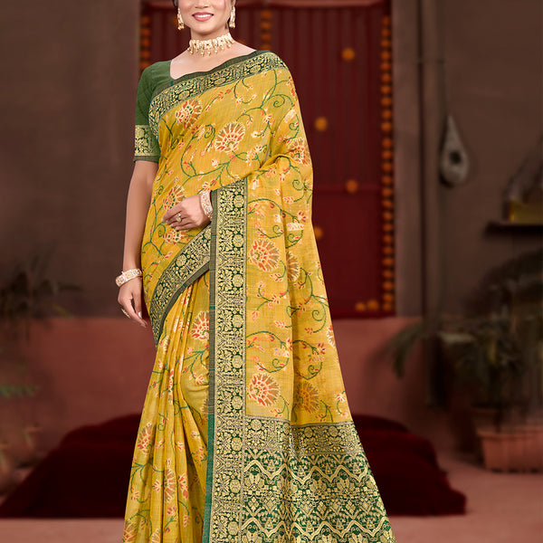 Sangam Prints Yellow Cotton Silk With Meena Woven Work Traditional Saree