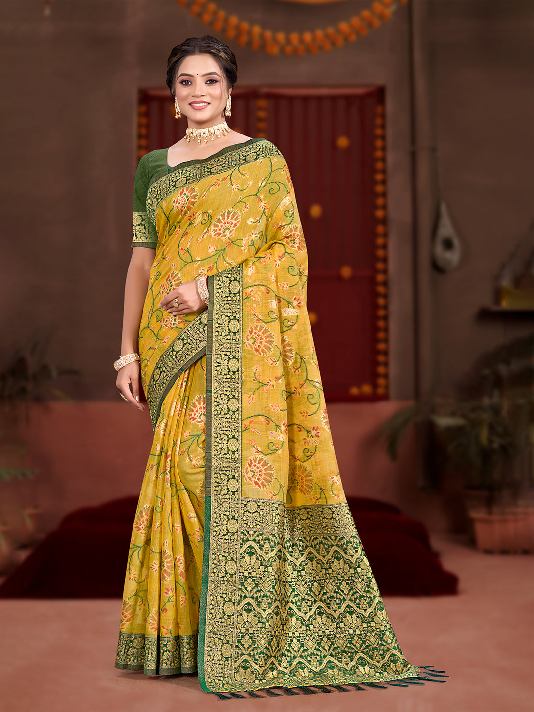 Sangam Prints Yellow Cotton Silk With Meena Woven Work Traditional Saree