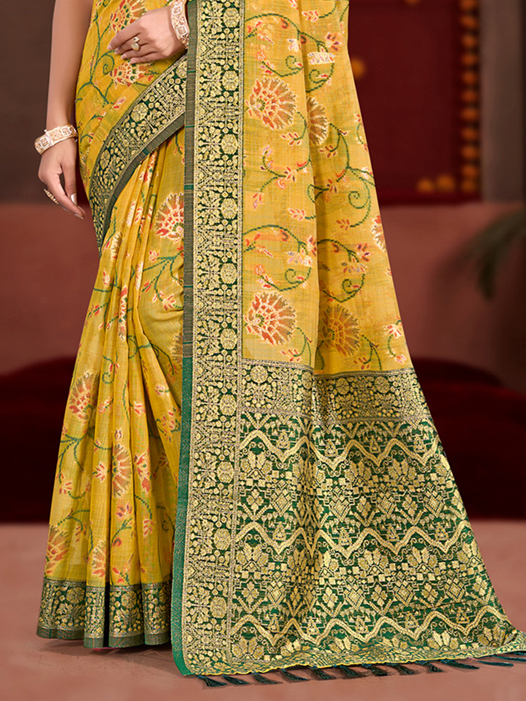 Sangam Prints Yellow Cotton Silk With Meena Woven Work Traditional Saree