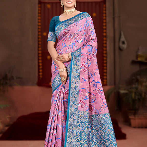 Sangam Prints Pink Cotton Silk With Meena Woven Work Traditional Saree