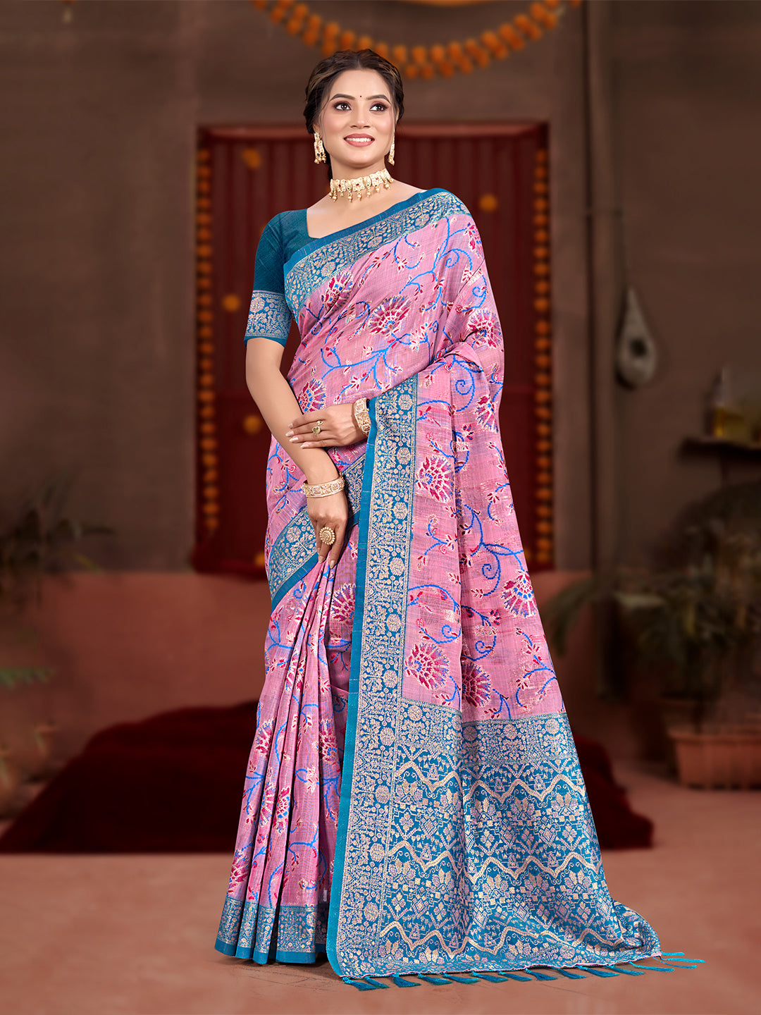 Sangam Prints Pink Cotton Silk With Meena Woven Work Traditional Saree