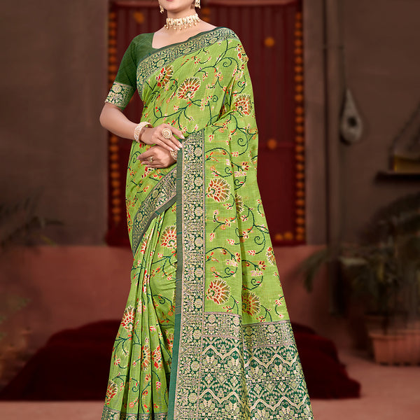Sangam Prints Green Cotton Silk With Meena Woven Work Traditional Saree