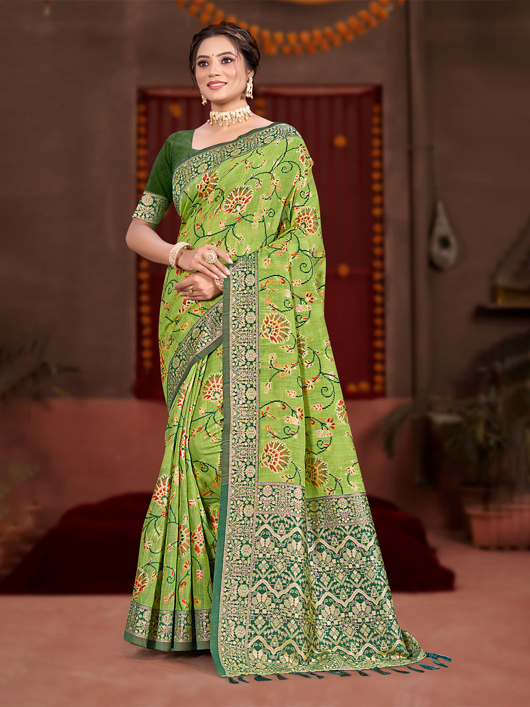 Sangam Prints Green Cotton Silk With Meena Woven Work Traditional Saree