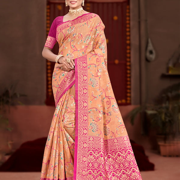 Sangam Prints Peach Cotton Silk With Meena Woven Work Traditional Saree