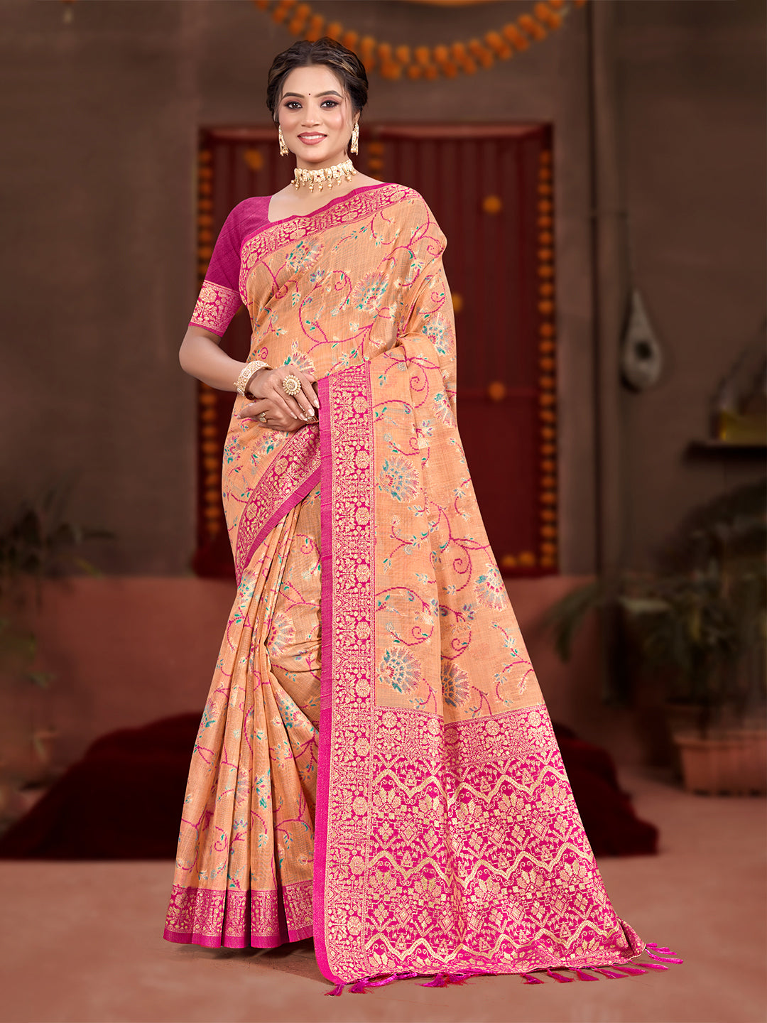 Sangam Prints Peach Cotton Silk With Meena Woven Work Traditional Saree