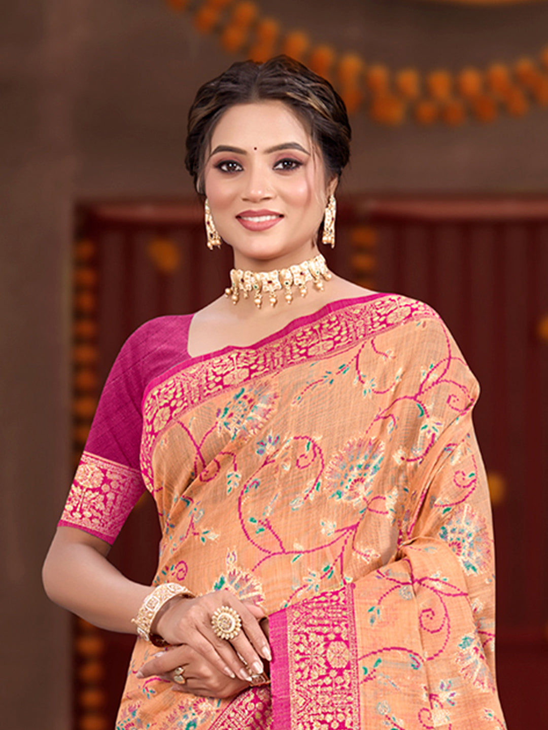 Sangam Prints Peach Cotton Silk With Meena Woven Work Traditional Saree