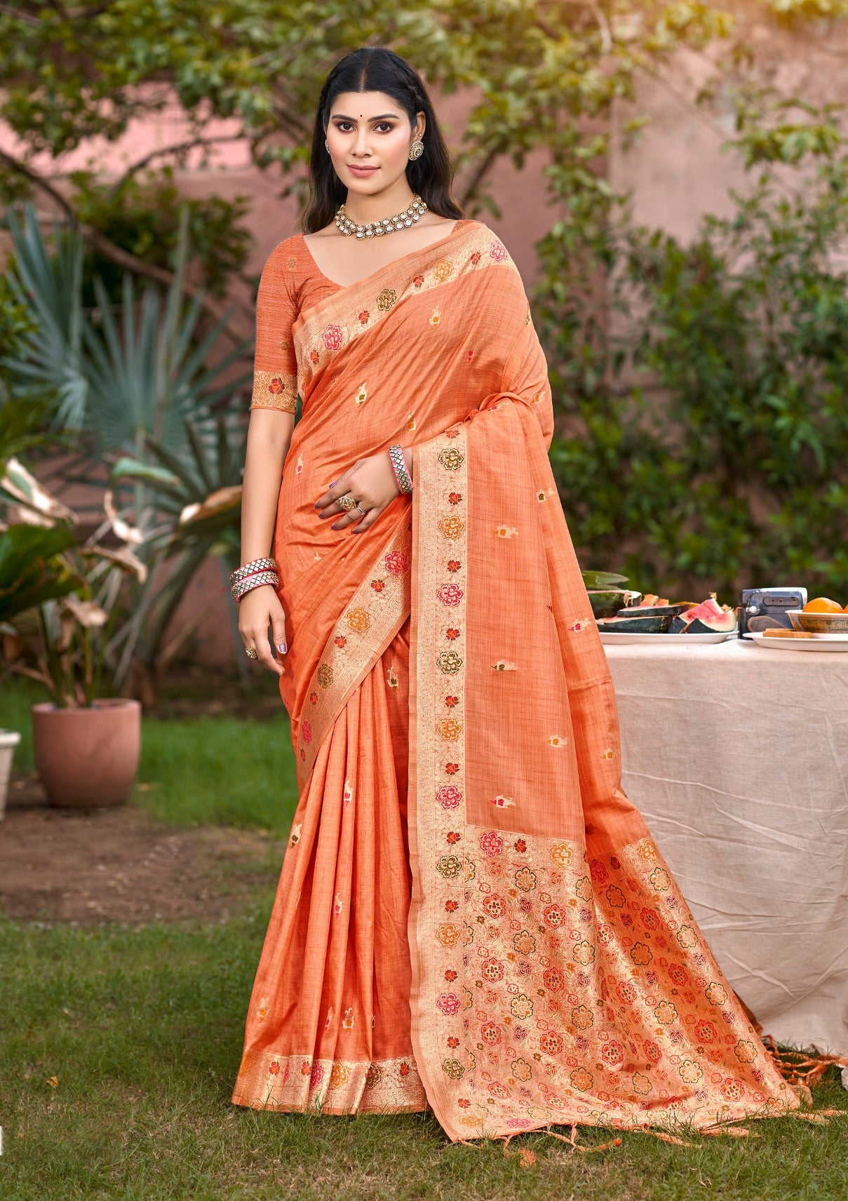 Sangam Prints Orange Heavy Assam Silk Saree With Meena Woven Work Traditional Saree