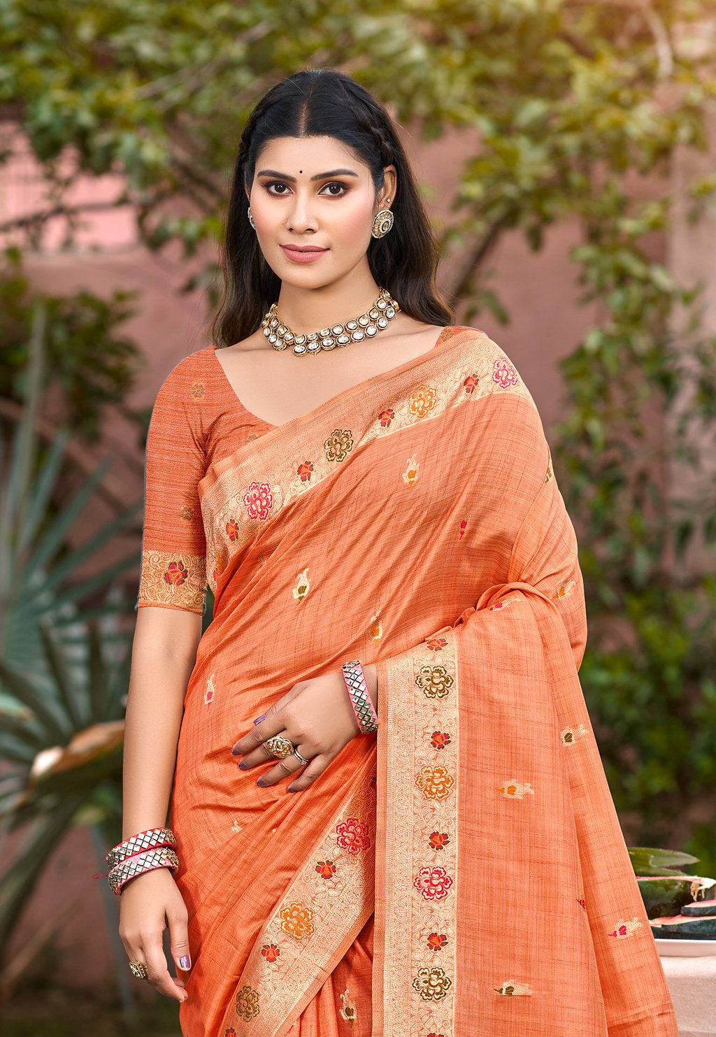 Sangam Prints Orange Heavy Assam Silk Saree With Meena Woven Work Traditional Saree