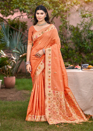 Sangam Prints Orange Heavy Assam Silk Saree With Meena Woven Work Traditional Saree