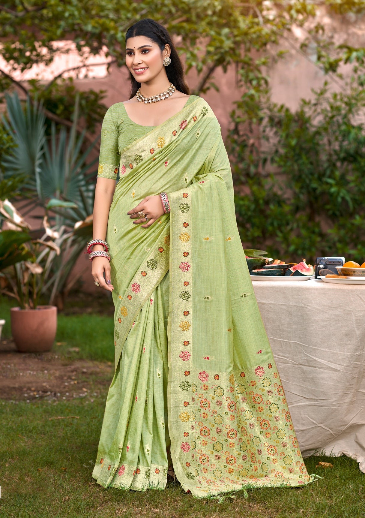 Sangam Prints Lite Green Heavy Assam Silk Saree With Meena Woven Work Traditional Saree